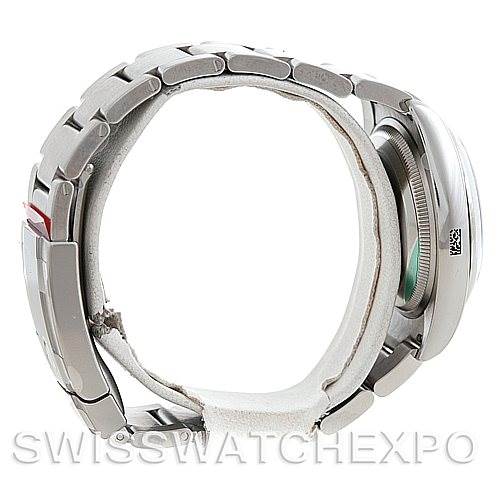 This image shows the side profile of a Rolex Air-King 114200 Men's Stainless Steel Blue Dial 114200 Men's Stainless Steel Blue Dial watch focusing on the bracelet and case.