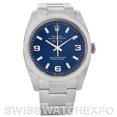 The image shows a front view of a Rolex Air-King 114200 Men's Stainless Steel Blue Dial 114200 Men's Stainless Steel Blue Dial watch, displaying the dial, hands, bezel, and part of the bracelet.