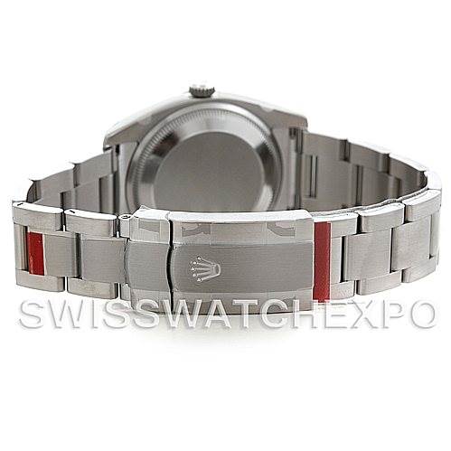 The image shows the back of a Rolex Air-King 114200 Men's Stainless Steel Blue Dial 114200 Men's Stainless Steel Blue Dial watch, focusing on the bracelet and clasp.