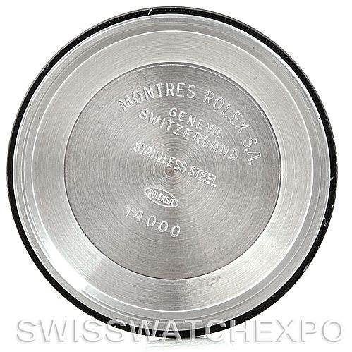 This image shows the back cover of a Rolex Air-King 14010 Men's Stainless Steel Black Dial 14010 Men's Stainless Steel Black Dial watch, with "Montres Rolex S.A." and other markings engraved on it.