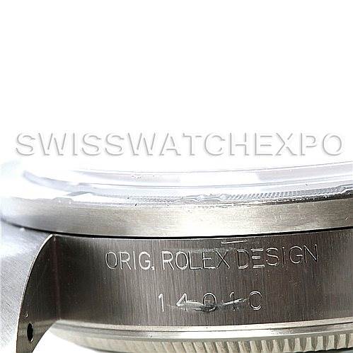 The image shows a close-up of the case side of a Rolex Air-King 14010 Men's Stainless Steel Black Dial 14010 Men's Stainless Steel Black Dial watch, displaying the engraved "ORIG ROLEX DESIGN" and model number 14010.