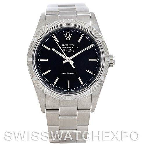 The image shows a frontal view of a Rolex Air-King 14010 Men's Stainless Steel Black Dial 14010 Men's Stainless Steel Black Dial watch, displaying its black dial, stainless steel case, and bracelet.