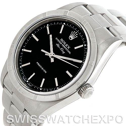 This image shows a Rolex Air-King 14010 Men's Stainless Steel Black Dial 14010 Men's Stainless Steel Black Dial watch angled slightly from the right, highlighting the face, bezel, crown, and part of the bracelet.