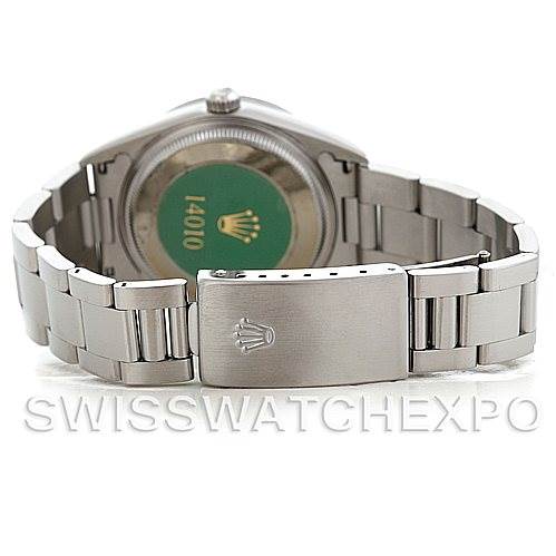 This image shows the back view of a Rolex Air-King 14010 Men's Stainless Steel Black Dial 14010 Men's Stainless Steel Black Dial watch, highlighting the bracelet and clasp with the Rolex crown logo.