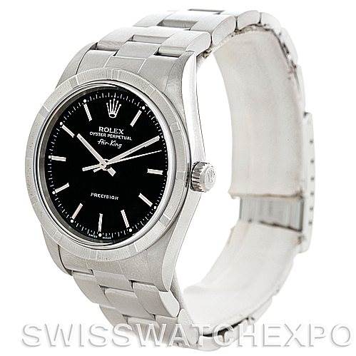 The image shows a Rolex Air-King 14010 Men's Stainless Steel Black Dial 14010 Men's Stainless Steel Black Dial watch from a front angle, highlighting its dial, bezel, and bracelet.