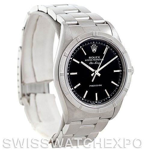 The image shows a Rolex Air-King 14010 Men's Stainless Steel Black Dial 14010 Men's Stainless Steel Black Dial watch at a three-quarter side angle, displaying the face, bezel, and a portion of the bracelet.