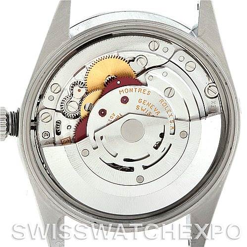 This image shows the movement of a Rolex Air-King 14000 Men's Stainless Steel Blue Dial 14000 Men's Stainless Steel Blue Dial watch, viewed from the back without the case back.