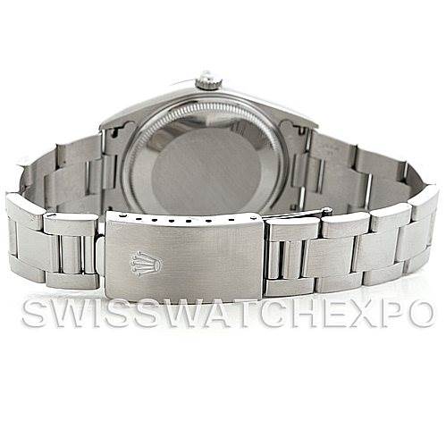 This image shows the back view of a Rolex Air-King 14000 Men's Stainless Steel Blue Dial 14000 Men's Stainless Steel Blue Dial watch, highlighting the closed clasp and bracelet.