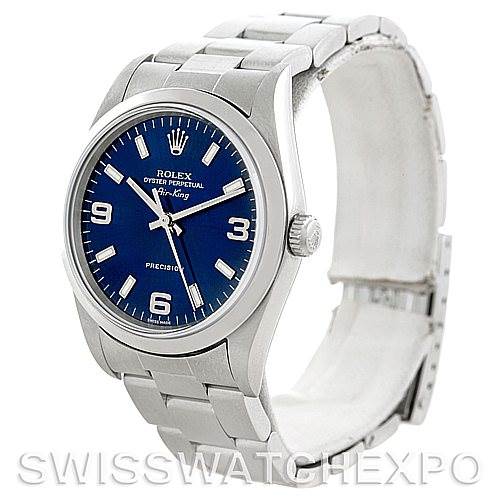 The image shows a Rolex Air-King 14000 Men's Stainless Steel Blue Dial 14000 Men's Stainless Steel Blue Dial watch at a three-quarter angle, displaying its face, bezel, crown, and bracelet.