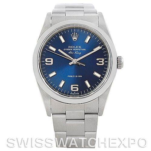 The image shows the front view of a Rolex Air-King 14000 Men's Stainless Steel Blue Dial 14000 Men's Stainless Steel Blue Dial watch, displaying its dial, hands, hour markers, and bracelet.