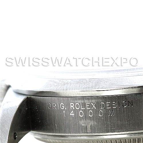 This image shows a side view of a Rolex Air-King 14000 Men's Stainless Steel Blue Dial 14000 Men's Stainless Steel Blue Dial watch, highlighting the engraving "ORIG. ROLEX DESIGN 14000M" on the case side.