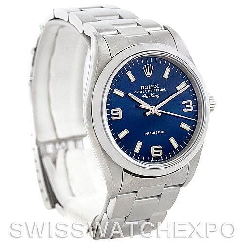 The image shows a Rolex Air-King 14000 Men's Stainless Steel Blue Dial 14000 Men's Stainless Steel Blue Dial watch from a three-quarter angle, displaying the face, bezel, and bracelet prominently.