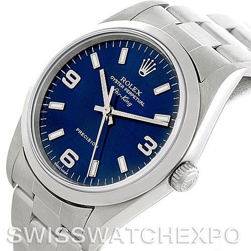 The image shows a Rolex Air-King 14000 Men's Stainless Steel Blue Dial 14000 Men's Stainless Steel Blue Dial watch at a three-quarter angle, highlighting the dial, crown, and part of the bracelet.