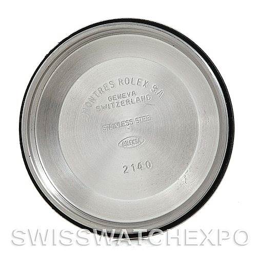 This is the interior view of the Rolex Air-King 14000 Men's Stainless Steel White Dial 14000 Men's Stainless Steel White Dial watch case back, showing engravings and material details.