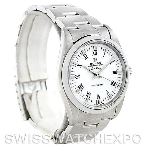 This image shows a front and side angle of the Rolex Air-King 14000 Men's Stainless Steel White Dial 14000 Men's Stainless Steel White Dial watch, highlighting the dial, bezel, and bracelet.