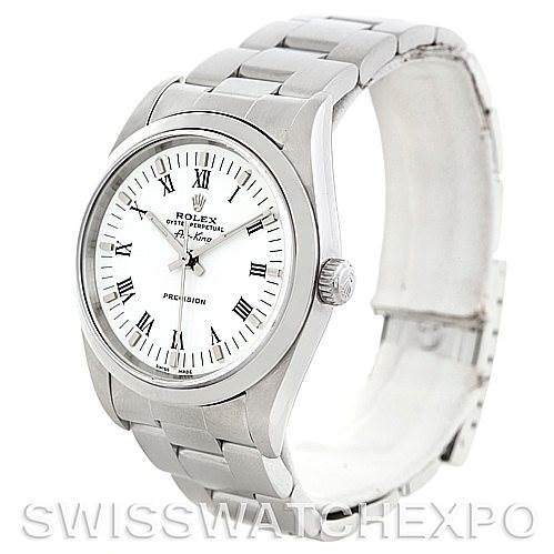 The image shows a frontal angle of the Rolex Air-King 14000 Men's Stainless Steel White Dial 14000 Men's Stainless Steel White Dial watch, displaying the face, crown, and bracelet.