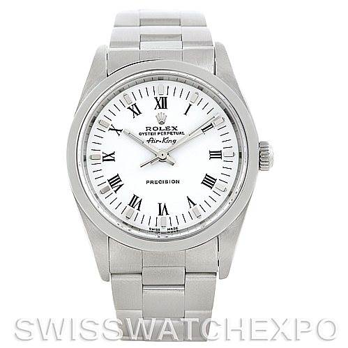 This image shows a Rolex Air-King 14000 Men's Stainless Steel White Dial 14000 Men's Stainless Steel White Dial watch, viewed from the front, displaying the face, bezel, and bracelet.