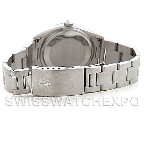 This image shows the back case and clasp of a Rolex Air-King 14000 Men's Stainless Steel White Dial 14000 Men's Stainless Steel White Dial watch, highlighting the bracelet and logo.