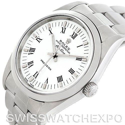 This image shows a Rolex Air-King 14000 Men's Stainless Steel White Dial 14000 Men's Stainless Steel White Dial watch from an angled top-down perspective, highlighting the dial, bezel, crown, and bracelet.