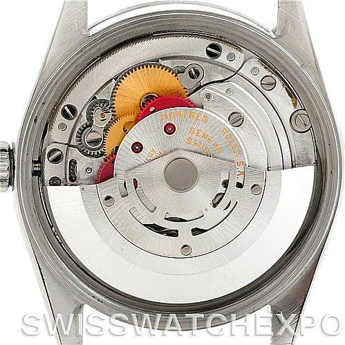 The image shows the back view of the Rolex Air-King 14000 Men's Stainless Steel White Dial 14000 Men's Stainless Steel White Dial watch, highlighting its internal mechanical movement.
