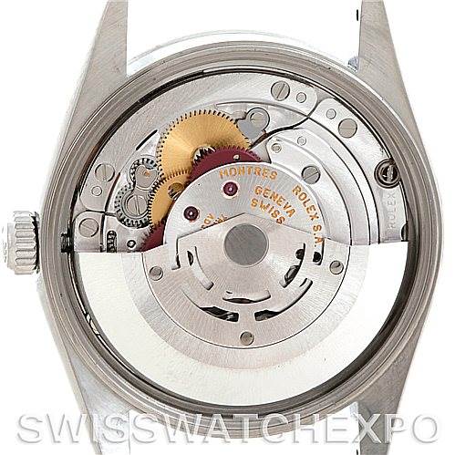 This image shows the case back view of a Rolex Air-King 14000 Men's Stainless Steel Blue Dial 14000 Men's Stainless Steel Blue Dial watch, revealing its internal mechanical movement.