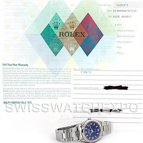 The image shows a Rolex Air-King 14000 Men's Stainless Steel Blue Dial 14000 Men's Stainless Steel Blue Dial watch from an isometric angle, including its warranty card and box accessories.