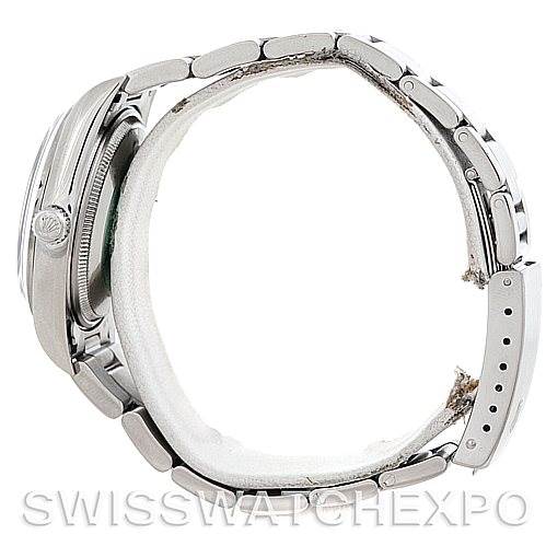 The image shows a side profile of the Rolex Air-King 14000 Men's Stainless Steel Blue Dial 14000 Men's Stainless Steel Blue Dial watch, highlighting the case, crown, and metal bracelet.