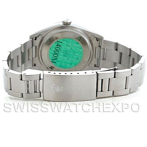 This Rolex Air-King 14000 Men's Stainless Steel Blue Dial 14000 Men's Stainless Steel Blue Dial watch is shown from the rear, displaying the case back and bracelet with the clasp.