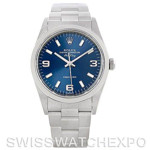 The image shows a front view of a Rolex Air-King 14000 Men's Stainless Steel Blue Dial 14000 Men's Stainless Steel Blue Dial watch, displaying its face, bracelet, and crown.