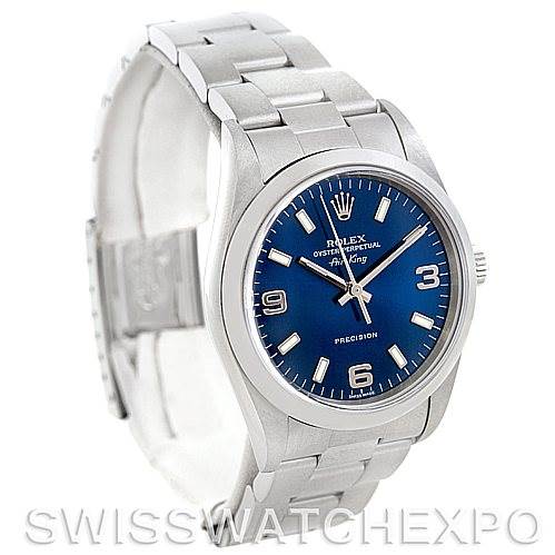 The image shows a Rolex Air-King 14000 Men's Stainless Steel Blue Dial 14000 Men's Stainless Steel Blue Dial watch at a three-quarter angle, highlighting the dial, bezel, lugs, and part of the bracelet.
