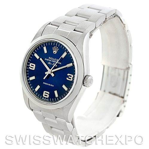 The Rolex Air-King 14000 Men's Stainless Steel Blue Dial 14000 Men's Stainless Steel Blue Dial watch is shown at a three-quarter angle, displaying the face, bezel, crown, and part of the metal bracelet.