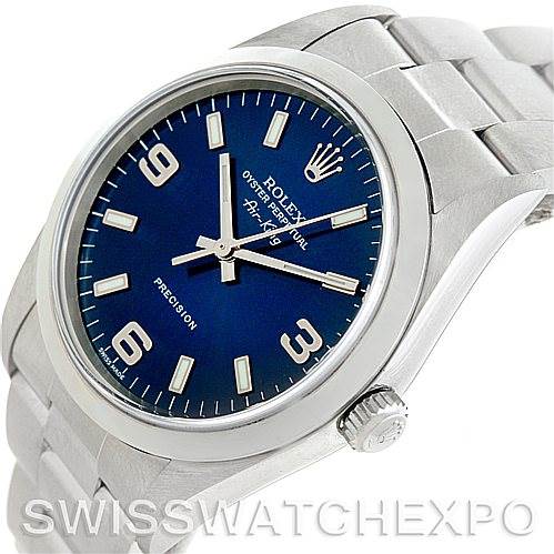 The image shows a close-up angle of the Rolex Air-King 14000 Men's Stainless Steel Blue Dial 14000 Men's Stainless Steel Blue Dial watch featuring the dial, bezel, crown, and part of the bracelet.