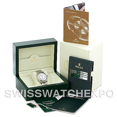 The image shows a Rolex Air-King 114200 Men's Stainless Steel White Dial 114200 Men's Stainless Steel White Dial watch from a front angle, with its box, certificate, and manuals displayed.