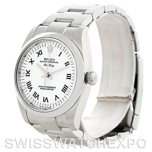 The image shows a Rolex Air-King 114200 Men's Stainless Steel White Dial 114200 Men's Stainless Steel White Dial watch from an angled side view, displaying its face, crown, and part of the metal bracelet.