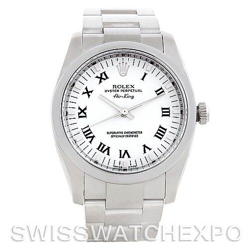 The image shows a frontal view of a Rolex Air-King 114200 Men's Stainless Steel White Dial 114200 Men's Stainless Steel White Dial watch, displaying its face, bezel, crown, and part of the bracelet.