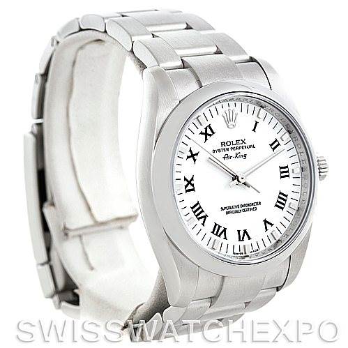The image shows a Rolex Air-King 114200 Men's Stainless Steel White Dial 114200 Men's Stainless Steel White Dial watch at a three-quarter angle, highlighting the face, bezel, and bracelet.