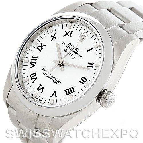 The image shows a close-up, angled view of the Rolex Air-King 114200 Men's Stainless Steel White Dial 114200 Men's Stainless Steel White Dial watch, highlighting the dial, bezel, and part of the bracelet.