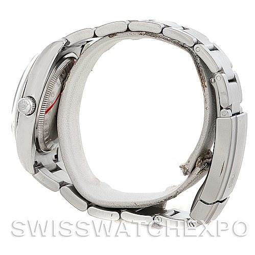 This image shows a side view of the bracelet and clasp of the Rolex Air-King 114200 Men's Stainless Steel White Dial 114200 Men's Stainless Steel White Dial watch, highlighting the links and part of the watch case.