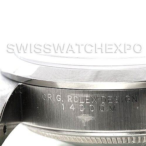 The image shows a close-up of the case side of a Rolex Air-King 14000 Men's Stainless Steel Blue Dial 14000 Men's Stainless Steel Blue Dial watch, highlighting the "ORIG. ROLEX DESIGN 14000 M" engraving.