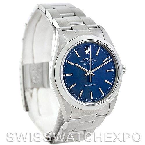 The image shows a side-angle view of the Rolex Air-King 14000 Men's Stainless Steel Blue Dial 14000 Men's Stainless Steel Blue Dial watch, highlighting its face, bracelet, and bezel.