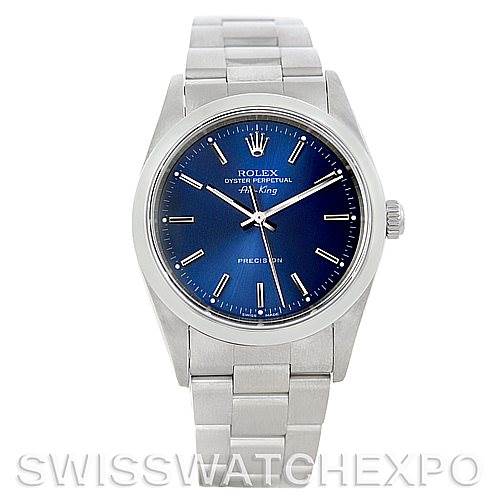 The image shows a front view of a Rolex Air-King 14000 Men's Stainless Steel Blue Dial 14000 Men's Stainless Steel Blue Dial watch, showcasing its blue dial, stainless steel case, and bracelet.
