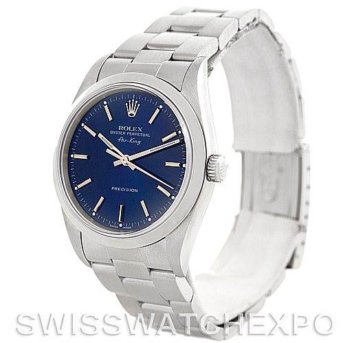 The Rolex Air-King 14000 Men's Stainless Steel Blue Dial 14000 Men's Stainless Steel Blue Dial watch is shown at a three-quarter angle, displaying its face, bezel, and part of the bracelet.