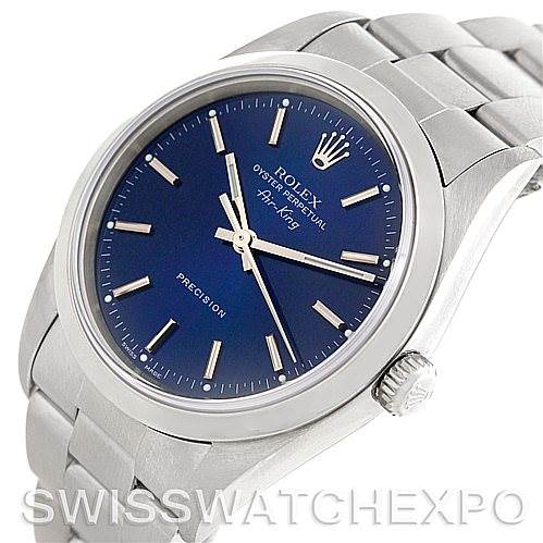 The image shows a close-up view of the Rolex Air-King 14000 Men's Stainless Steel Blue Dial 14000 Men's Stainless Steel Blue Dial watch, highlighting its dial, bezel, and part of the bracelet.