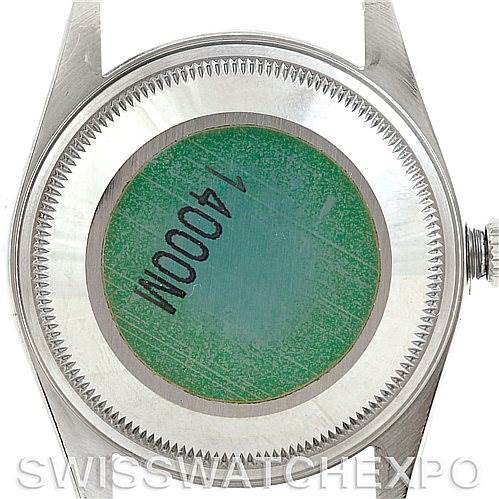 This image shows the back case of a Rolex Air-King 14000 Men's Stainless Steel Blue Dial 14000 Men's Stainless Steel Blue Dial watch, focusing on the screw-down case back and part of the crown.