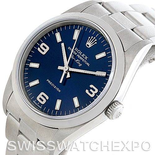 The image shows a Rolex Air-King 14000 Men's Stainless Steel Blue Dial 14000 Men's Stainless Steel Blue Dial watch at a slight diagonal angle, highlighting its blue dial, silver bracelet, and crown.