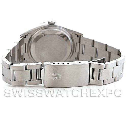 This image shows the back case and clasp of a Rolex Air-King 14000 Men's Stainless Steel Blue Dial 14000 Men's Stainless Steel Blue Dial watch, emphasizing its bracelet and closed case back.