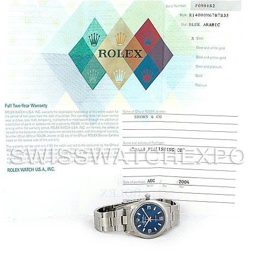 The image shows a Rolex Air-King 14000 Men's Stainless Steel Blue Dial 14000 Men's Stainless Steel Blue Dial watch displayed flat with a blue dial, alongside its warranty and certification papers.