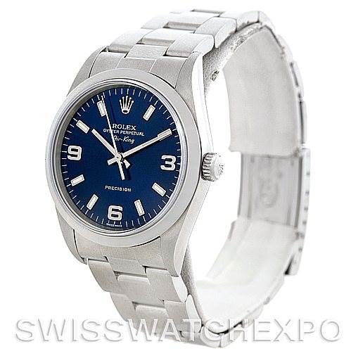 The Rolex Air-King 14000 Men's Stainless Steel Blue Dial 14000 Men's Stainless Steel Blue Dial watch is shown at a three-quarter angle, displaying the face, bezel, crown, and part of the wristband.