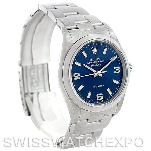 The image shows a side-angle view of the Rolex Air-King 14000 Men's Stainless Steel Blue Dial 14000 Men's Stainless Steel Blue Dial watch, highlighting the face, bezel, and bracelet.