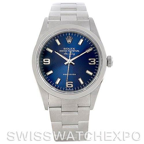 This image shows a front view of a Rolex Air-King 14000 Men's Stainless Steel Blue Dial 14000 Men's Stainless Steel Blue Dial watch, highlighting its dial, hour markers, hands, and bracelet.